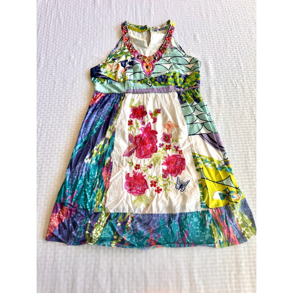 Forla Paris Boho Patchwork Floral Embroidered Dress Sleeveless Multi Color Large